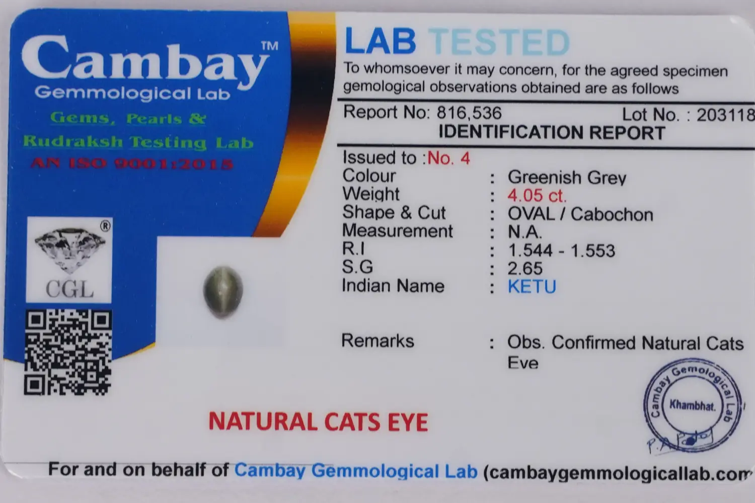 Cat’s Eye (Lahsuniya Stone) - 4. 05 carats - Image 6